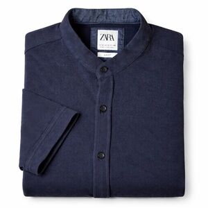 Zara Men Navy Blue Slim Fit Short Sleeve Mandarin Collar Button-Up Shirt medium